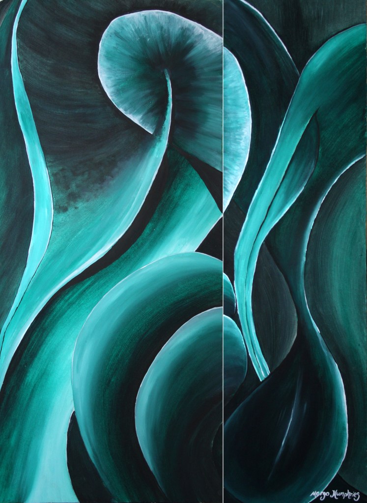 Green swirls diptych part a and b by Margo Humphries
