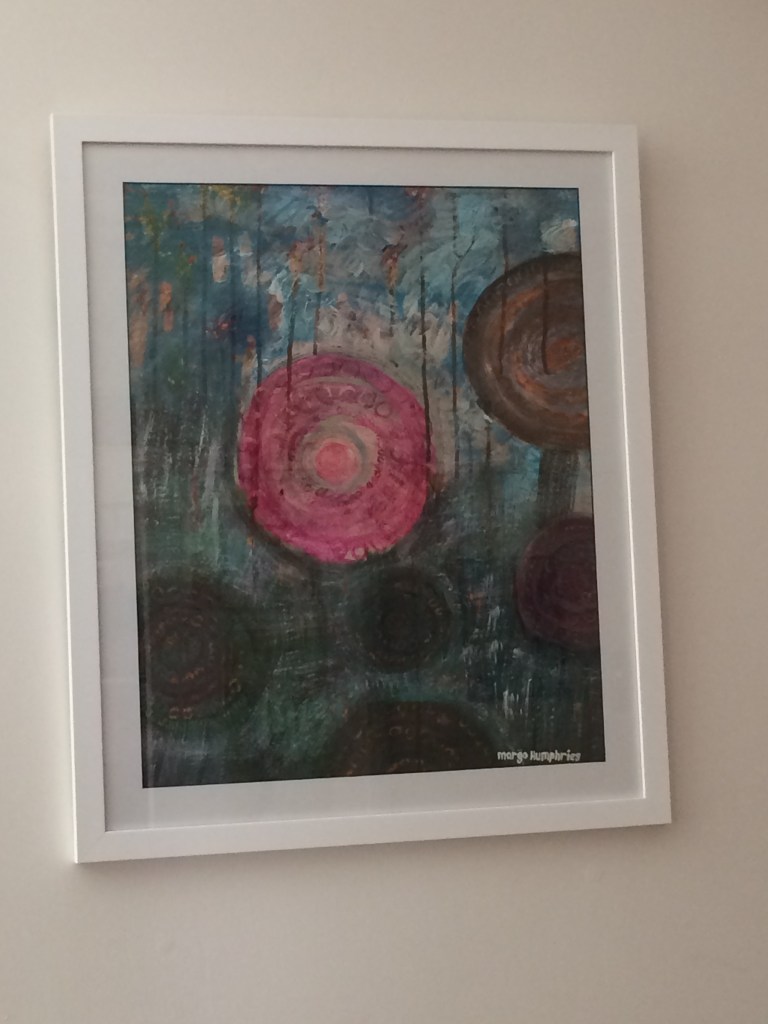 "Happy Trails" $290 framed 63 cm w x 77 cm h. Acrylic & ink on board.