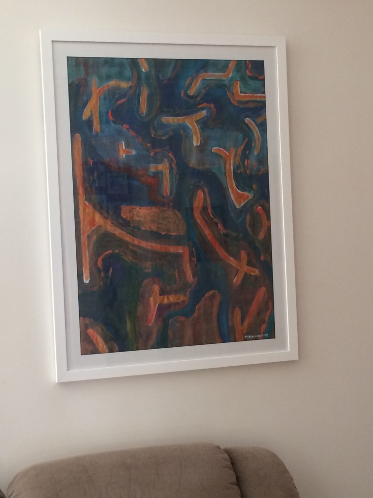 "Embarrassed Watermelon" $390 framed 72 cm w x 96 cm h. Acrylic on paper.