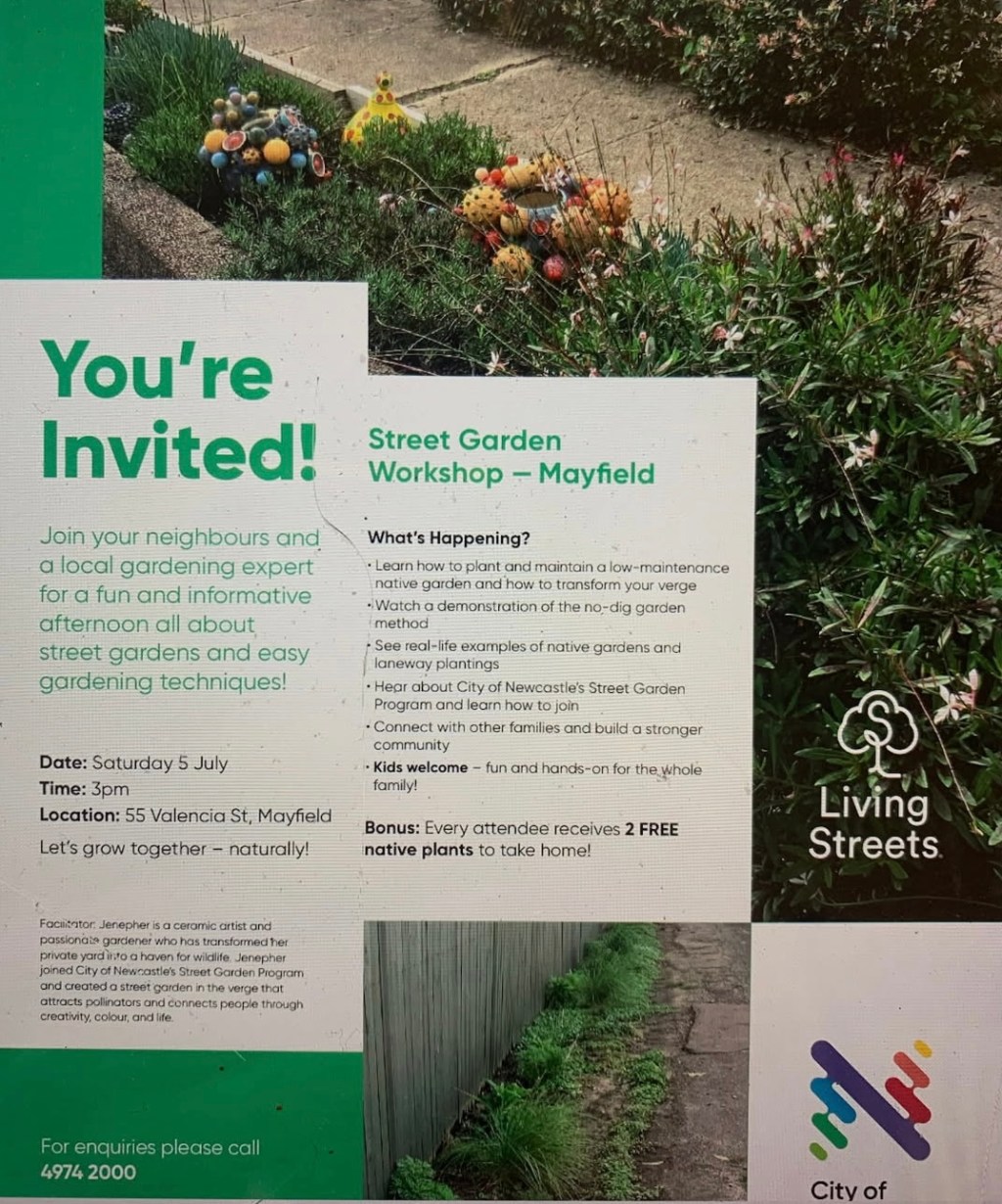 THIS SATURDAY at Mayfield: Street Garden Workshop with Native Gardening and Art For Sale by local&nbsp;artists!