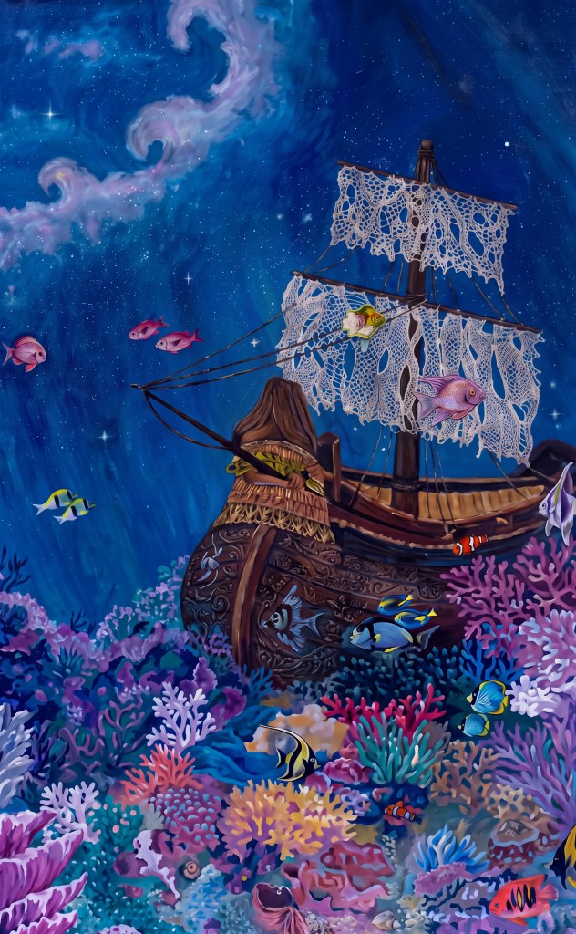 Aquatic 5 - Original acrylic painting enhanced by AI decades later in 2026